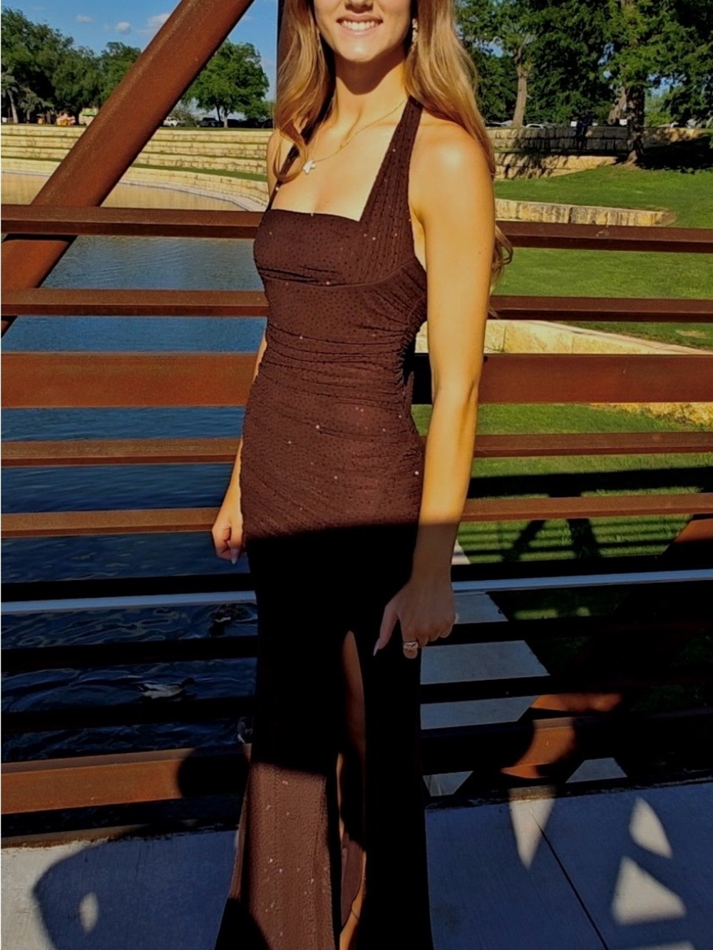 Windsor Brown Halter Evening Gown with Thigh Slit